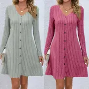 Jumper Dress Sweater Dresses Mini Button Long Sleeve V Neck Women Slim U