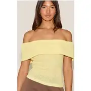 Lemon Textured Fold Over Detail Bardot Top, Lemon