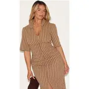 Shape Brown Striped Ruched Front Collared Split Front Maxi Dress, Brown