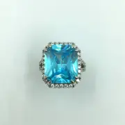 Bright Aqua Emerald Cut Aquamarine & White CZ Halo Party Fine Ring ( 5.25 Size )