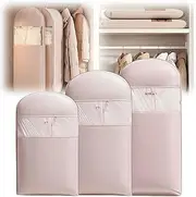 [Omuotaut] Space Saving Hanging Garment Bag with Self Compression Zipper, Space Saver Closet Organizers for Down Coat, Vacuum Seal Storage Bags (Pink, (Medium+Large+X-Large)3Pcs)