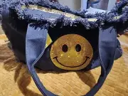 LEMONBELLA TOTE Blue Canvas Sequin Smile LOGO Zipper, Fringe NEW!