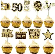 Gyufise 36Pcs Happy 50th Birthday Cupcake Toppers Glitter Black Gold Fifty Straight Outta 1975 Cupcake Picks 50 Fabulous Cheers to 50 Years Cake Decorations for 50th Birthday Party Supplies