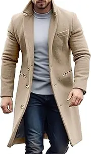 [Zylphorix] Men Notched Lapel Woolen Blend Coat Mid Long Faux Wool Trench Jacket Winter Single Breasted Solid Warm Outerwear