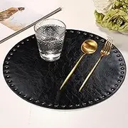 FAVE Black Faux Leather Placemats 13.78Inches Round Placemat Set of 2 Heat Resistant Place Mats for Kitchen Table Wipeable Fall Placemats Table Mats with Rivets High Texture Placemat (Black)