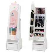 Babyjoy Standing Kids Jewelry Organizer Jewelry Cabinet w/Full-Length Mirror Princess Jewelry Armoire Bedroom White