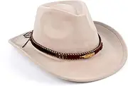 [Wovella] Classic White Cowboy Hat Wide Brim Soft Felt Outdoor Hat with Gold Feather Band for Men and Women