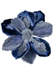 Dark Blue With Silver Glitter Magnolia Decorative Christmas Flower Pick - 22cm