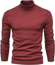 [Qolkmuiy-GJ] Men's Classic Turtleneck Pullovers Cable Knit Thermal Pullover Sweatshirt Casual Soft Twist Knitted Sweater, Red, Medium