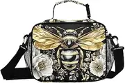 Bee Floral White Gold Insulated Lunch Box for Women Men - Ideal for Work, Picnics - Includes Adjustable Shoulder Strap