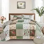 Patchwork Quilt Set King Size, 3 Pieces Green Floral Plaid Summer Bedspread Cove
