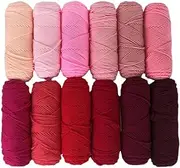 12 x 100g Balls of Pink red Series tufting Yarn,Colored Acrylic Yarn,8ply Knitting Weaving Thread for tufting Gun and Punch Needle,3mm Crochet Hook Yarn for Carpet/Sweater/Scarf