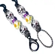 Beaded Cord Lanyard, key holder, id badge, black rainbow beads adjustable length