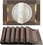 PVC Table Mats Set of 6 for Xmas Gift,Place Mats Non-Slip Heat Resistant Washable Table Mats -EXCO Set of 6 Placemat Brown Dinning Table
