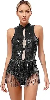 [Hedmy] Women's Shiny Sequins Latin Jazz Dance Dress Fringed Tassels Leotard Crisscross Backless Bodysuit