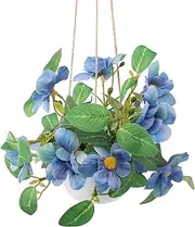 Artificial Hanging Flowers Fake Plants Basket Faux Daisy Bonsai Decor for Indoor Windowsill Porch Balcony Table Centerpieces - Blue