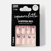 OXX Cosmetics 24 Pack Artificial Nails with Adhesive - Squareletto Shape, Butterflies