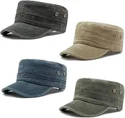 [Besforta] 4 Pieces Cadet Caps Army Military Hats Washed Cotton Flat Top Hats Adjustable Military Style Hat Veteran Cap for Men Women