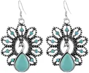 [Generic] Turquoise Crystal Peacock Tibet Silver Hook Drop Dangle Pierced Earrings