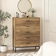 Merryluk 5-Drawer Tallboy Chest – Industrial Storage Dresser Cabinet with Metal Legs for Bedroom, Office, or Entryway