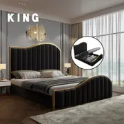 Elegant Luxury King Size Velvet Fabric Storage Bedframe Golden Trim-Black