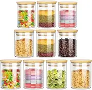 Homodoskey Glass Storage Jars 10 Pack -250ML Clear Glass Food Storage Containers with Airtight Bamboo Lid Stackable Kitchen Canisters for Candy, Cookie,Rice, Sugar, Flour, Nuts and Spice Jars