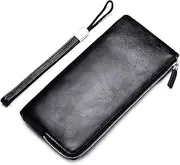 [Generic] Minimalist Leather Wallets for Men Long Bifold Wallet Zip Around Clutch Travel Purse for Checkbook, Smartphone, Cash (Black, 10.5 * 22.1CM)