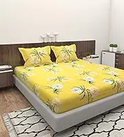 EVERLUSH 320 TC Cotton Feel Glace Cotton Printed Elastic Fitted King Size Double Bed Bedsheet with 2 Pillow Covers | Fitted Bedsheets King Size 78 x 72 x 8 (Yellow Floral)