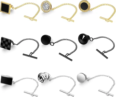 Misdary 9 Pcs Tie Tacks for Men Tie Pin with Chain Black Silver Gold Tack Clutch