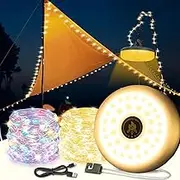 Rechargeable RGB & Warm Camping String Lights, 32.8ft 3 in 1 Tent Lamp with 8 Lighting Modes IPX4 Outdoor/Indoor Hanging LED Fairy Lights for Tent/Truck Camping Trip, Yard, Xmas Party Decor