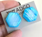 Vintage Blue Catseye 2 Layer Lucite Hexagon Pierced Earrings 7/8" in Adco Card