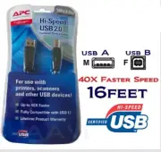 APC USB 2.0 A to B Best Hi High Speed Cable For Printer Scanner PC MAC 16FT Long