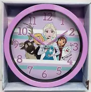 Round Plastic Decor. Wall 10" Clock, DISNEY FROZEN CHARACTERS, purple frame, AW