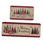 Christmas Kitchen Mats Set of 2, Truck and Tree Plaid Christmas Kitchen Brown