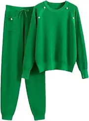[Generic] Women's Spring Winter Knitted Tracksuit Crewneck Long Sleeve Knitted Pullover Tops Drawstring Waist Knit Pants Suit