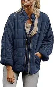 [EdNey] Women's Stand Collar Quilted Zip Puffer Winter Jackets Baggy Short Padded Packable Warm Outwear with Pockets, Dark Blue, Small