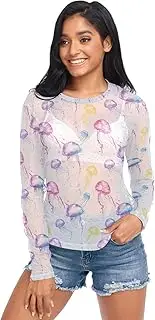 [AIXIWAWA] Women Long Sleeve Mesh Sheer Top Watercolor Jellyfish, Sexy See-Through Blouse for Party Evening Wear S