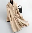 Women Mid Long Wool Coats Real Lamb Fur Shearling Overcoat Single Breasted Parka