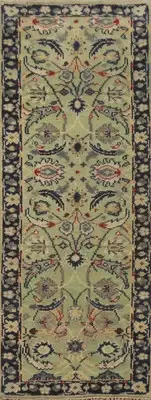 Light Green/ Navy Blue Floral Oushak Indian Runner Rug 3x8 ft Hand-knotted