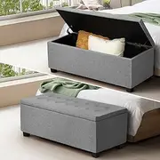 Oikiture Ottoman Faux Linen Storage Box Light Grey