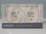 Mikasa Set of 2 Stemless Wine Glass "Sweet As Pie/Sweet As Peach" w/Gold Accents