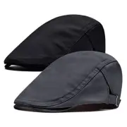 2 Pack Newsboy Hats for Men Flat Cap Cotton Adjustable One Size Black Grey