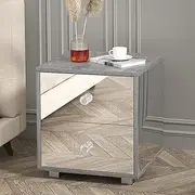 Advwin 2-Drawer Mirrored Nightstand, Sliver Mirror Bedside Table with Cement Colored, Modern Storage Cabinet End Table for Bedroom Living Room Office