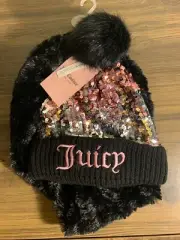 Juicy Couture Kids Sequined Beanie/faux Fur Neck Scarf Set Logo
