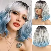 Blue Wig with Bangs Short Bob Curly Wigs for White Women Colorful Wavy Bob Wigs with Air Bangs Heat Resistant Synthetic Silver Blue Wigs for Daily Party Cospla
