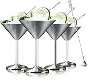 Stainless Steel Martini Glasses Set of 4 with picks and spoon, 8oz Unbreakable Martinin Glasses,Outdoor Drinkware for ice cream,Juice,Manhattan and Margarita(matte surface).
