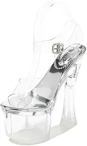 [YGJKLIS] Women Transparent Platform Pumps Open Toe Ankle Strap 18cm Chunky High Heels Sandals Wedding Party Dress Shoes, Silver, 7.5
