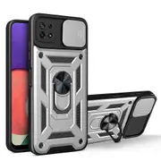case For Samsung Galaxy A22 5G Slide Camera Lens Protection and Built in 360 Rotatable Ring Holder - Silver
