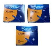 Breeze Super Plus Unscented Tampons With Plastic Applicator 3 Boxes Of 36ct