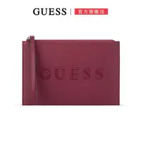 在飛比找momo購物網優惠-【GUESS】簡約素色LOGO拉鍊手拿包(酒紅)